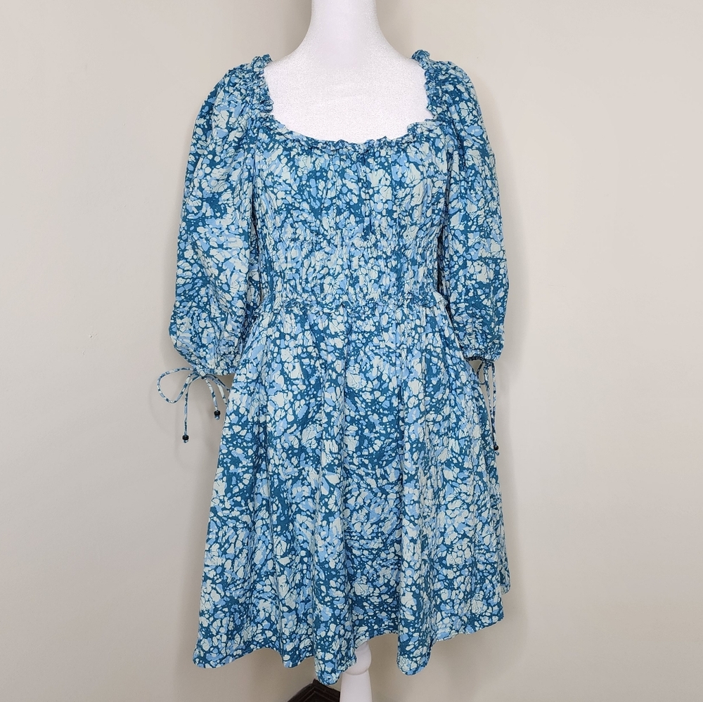 House of Harlow 1960 Teal Blue Cotton Puff Sleeve Mini Dress Medium Feminine